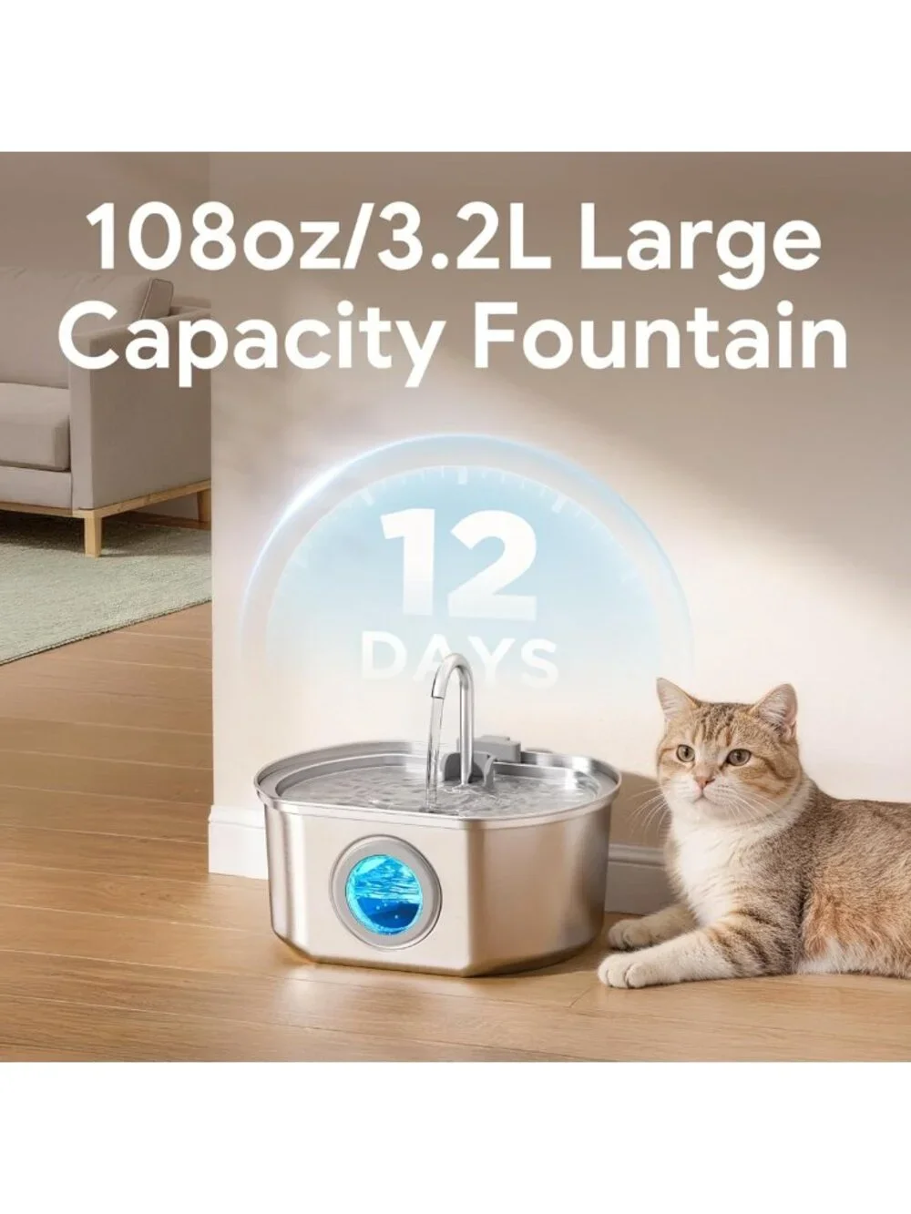 Stainless Steel Cat Water Fountain 108oz | Automatic Pet Drinking Dispenser Bowl